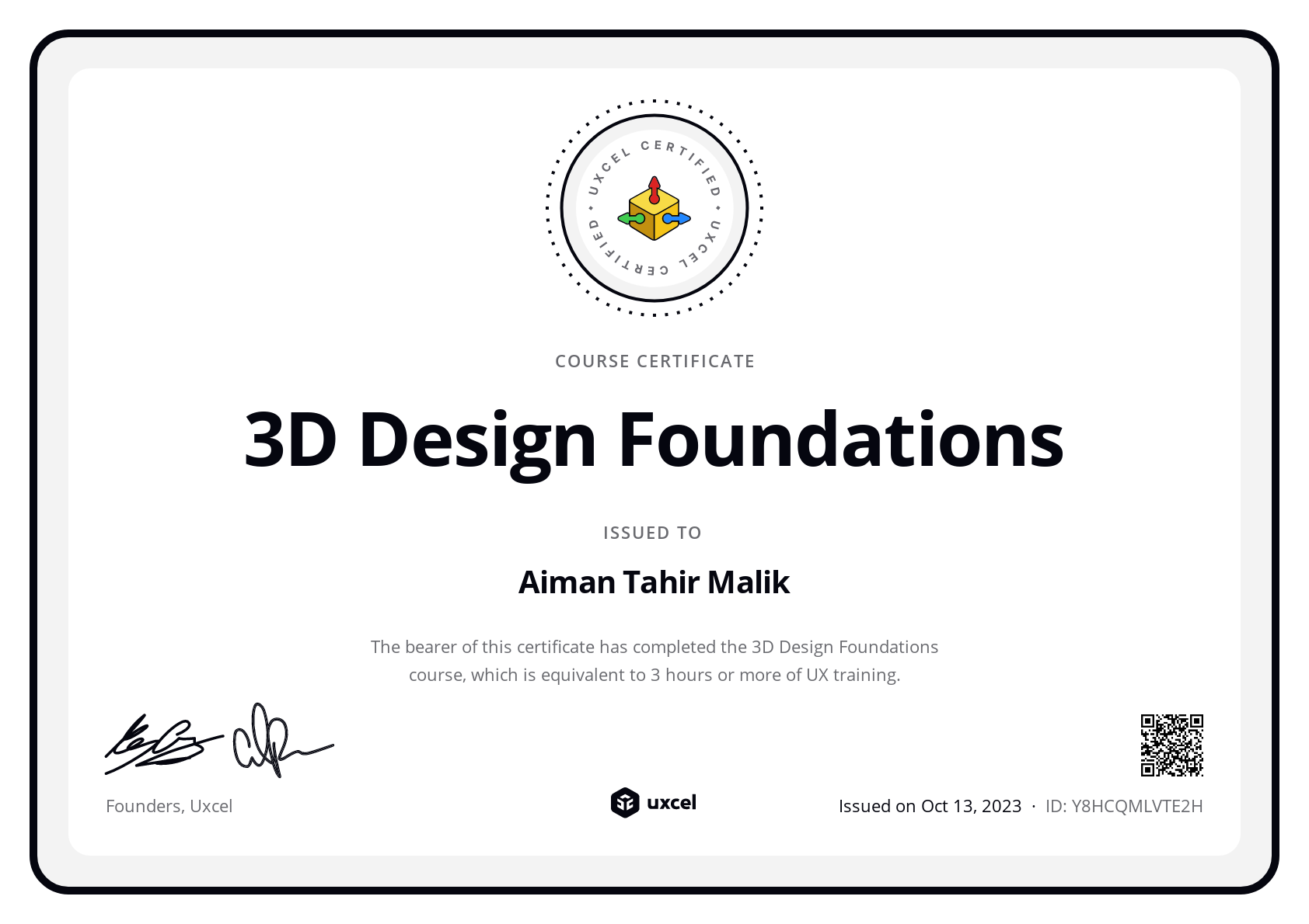 Aiman Tahir Malik's certificate